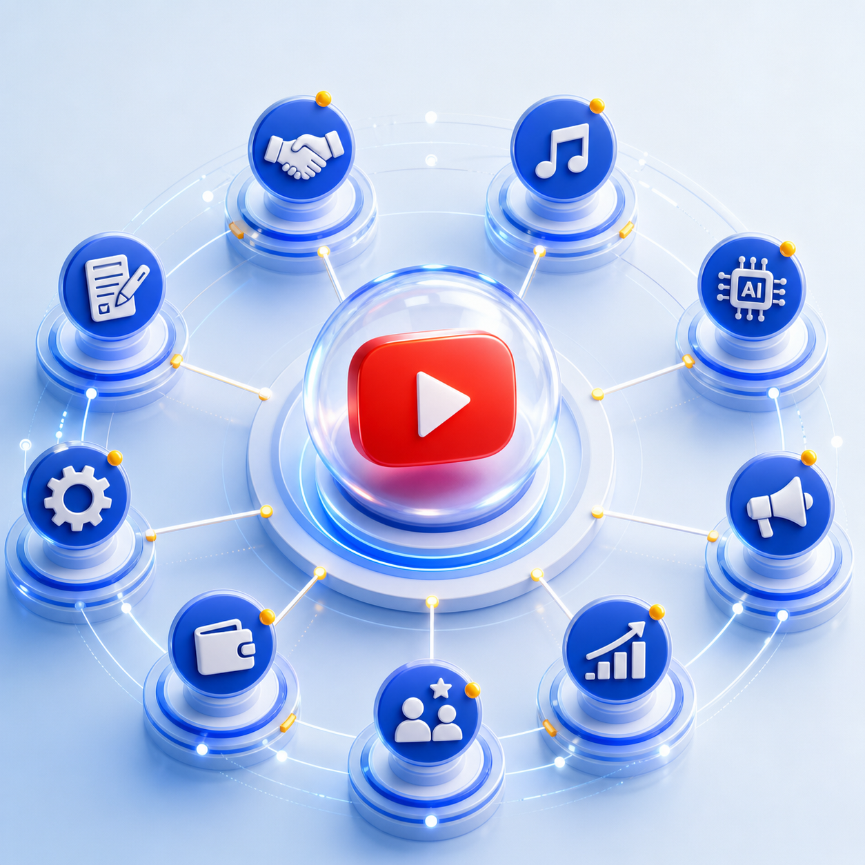 YouTubeを中心にM&A、BGM、BuzzAssistなどがつながるクリエイターズエコノミーの3Dイメージ